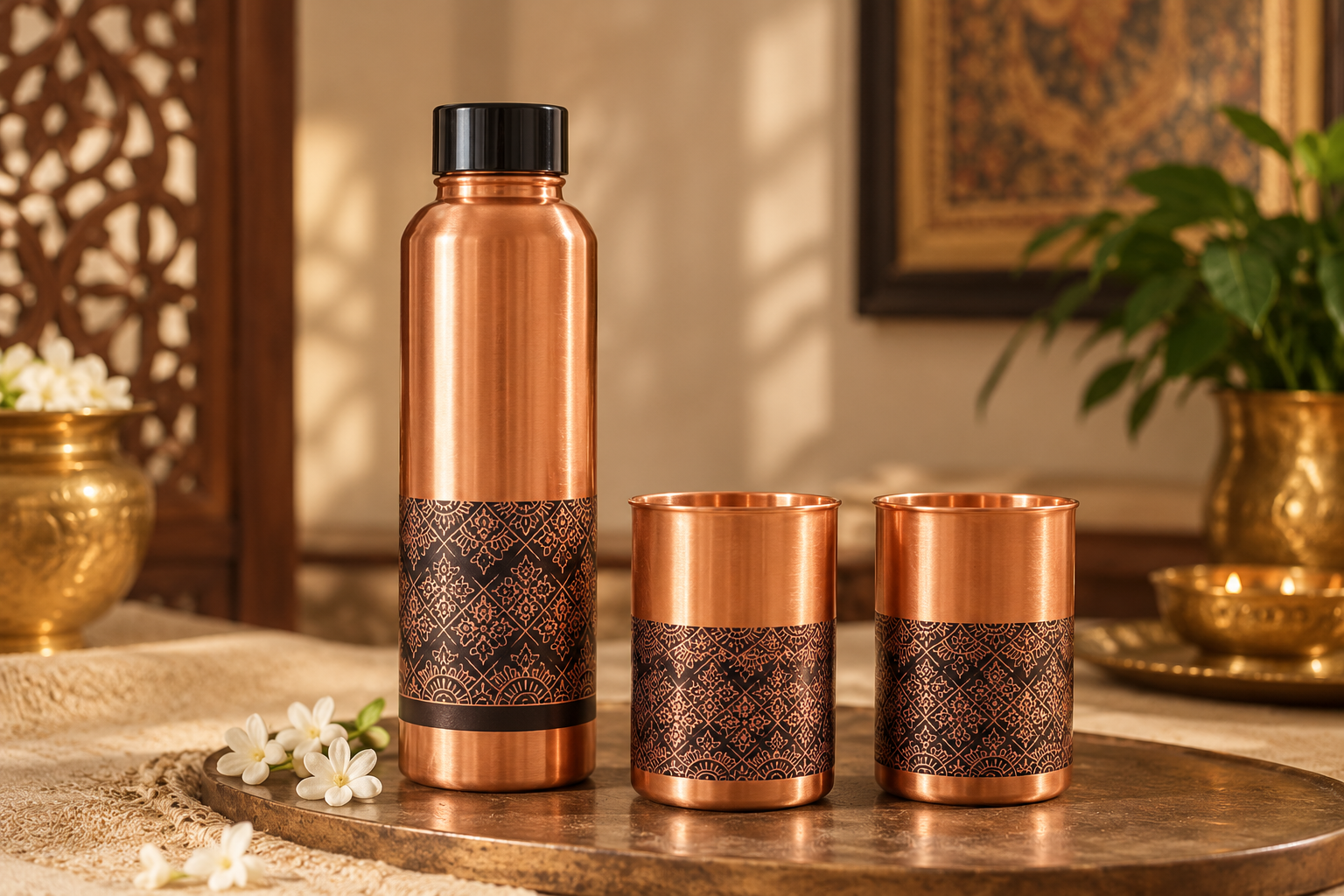 Copper water bottle with two matching copper tumblers