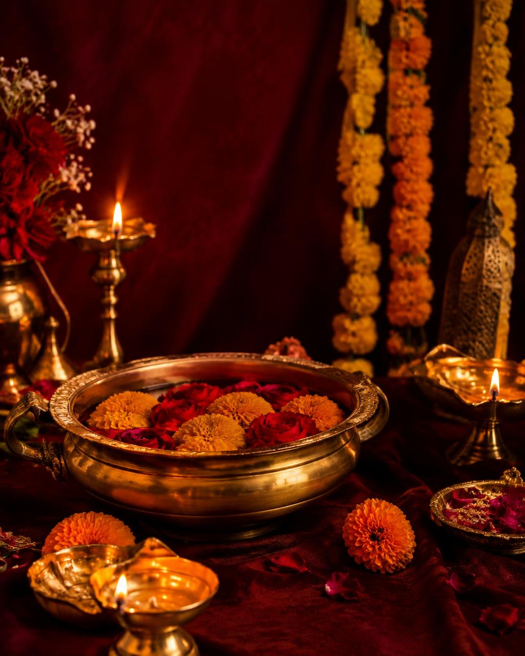 Brass urli with marigolds and glowing diyas